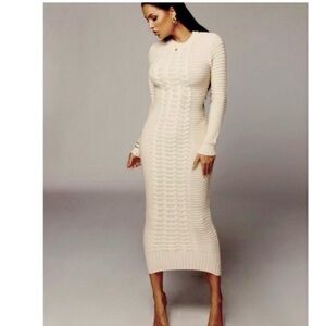 JKUXLABEL Elegant Cream Cable Knit Long Dress-:size L